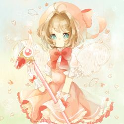 Rule 34 | 1girl, bow, brown hair, cardcaptor sakura, dress, female focus, fuuin no tsue, gloves, green eyes, hat, holding, holding wand, kinomoto sakura, looking at viewer, magical girl, pink dress, pomm-im, puffy short sleeves, puffy sleeves, red bow, short hair, short sleeves, simple background, solo, wand, wings
