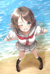 Rule 34 | 1girl, :d, ;d, beach, black socks, blue eyes, blush, brown footwear, collarbone, from above, grey hair, grey skirt, hand on own hip, highres, kneehighs, looking at viewer, looking up, love live!, love live! sunshine!!, mary janes, neckerchief, ocean, one eye closed, open mouth, outdoors, pleated skirt, red neckerchief, sailor collar, sand, school uniform, shoes, short hair, short sleeves, sin (sin52y), skirt, smile, socks, solo, standing, tie clip, uniform, watanabe you, water, water drop