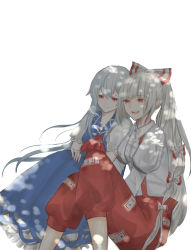 Rule 34 | 2girls, :d, absurdres, blue dress, blunt bangs, bow, closed mouth, collared shirt, commentary, dress, feet out of frame, frilled dress, frills, fujiwara no mokou, hair bow, hands on lap, hibarin (eastkin), highres, juliet sleeves, kamishirasawa keine, knees together feet apart, leaning on person, leaning to the side, long hair, long sleeves, multiple girls, neckerchief, no headwear, ofuda, ofuda on clothes, open mouth, pants, ponytail, puffy short sleeves, puffy sleeves, red eyes, red neckerchief, red pants, shirt, short sleeves, simple background, sitting, smile, suspenders, teeth, touhou, upper teeth only, very long hair, white background, white bow, white hair, white shirt