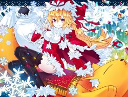 Rule 34 | 1girl, adapted costume, arm warmers, bag, black thighhighs, blonde hair, breasts, cape, carpet, chen, chen (cat), christmas, christmas lights, dress, earrings, gift, gradient eyes, hat, hat ribbon, jewelry, kusakanmuri, long hair, medium breasts, multicolored eyes, purple eyes, ribbon, riding, santa costume, santa hat, short dress, smile, snowflakes, thighhighs, thighs, touhou, yakumo ran, yakumo ran (fox), yakumo yukari, yellow eyes
