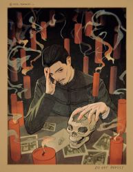 Rule 34 | 1boy, artist name, black background, black eyes, black hair, black jacket, broken skull, candle, closed mouth, collared jacket, english text, envelope, facial hair, framed, goatee, golden kamuy, hair slicked back, highres, holding, holding skull, imperial japanese army, jacket, letter, long sleeves, looking at viewer, male focus, military, military uniform, mustache, photo (object), rolo tomassi, short hair, simple background, sitting, skull, smile, solo, table, tsurumi tokushirou, twitter username, uniform, upper body, aged down