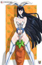 Rule 34 | 1girl, absurdres, animal ears, artist logo, artist name, bare shoulders, black hair, blue eyes, blush, border, breasts, breasts squeezed together, carrot, cleavage, closed mouth, covered erect nipples, detached collar, fake animal ears, feet out of frame, floating hair, gluteal fold, groin, hairband, hands on hilt, highleg, highleg leotard, highres, kill la kill, kiryuuin satsuki, kyoffie, large breasts, legs apart, leotard, lips, long hair, looking down, outside border, patreon logo, patreon username, planted, planted sword, planted weapon, playboy bunny, rabbit ears, serious, shadow, skindentation, solo, standing, strapless, strapless leotard, sword, thick eyebrows, thick lips, thick thighs, thighhighs, thighs, very long hair, weapon, white border, white leotard, white thighhighs, wind, wrist cuffs