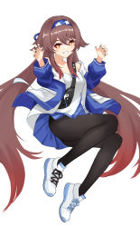 Rule 34 | 1girl, absurdres, black pantyhose, blue jacket, brown hair, czk, fanny pack, full body, genshin impact, hairband, highres, hu tao (genshin impact), hu tao (lawson) (genshin impact), jacket, lawson, official alternate costume, pantyhose, red eyes, shoes, simple background, smile, sneakers, solo, twintails, white background