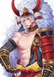 Rule 34 | 1boy, abs, highres, male focus, samurai, scar, seven knights, simple background, solo, spike (seven knights), white background, white hair, winter (winter168883), yellow eyes