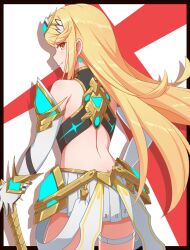 Rule 34 | 1girl, aegis sword (xenoblade), backless dress, backless outfit, black border, blonde hair, border, circlet, closed mouth, cowboy shot, dress, earrings, elbow gloves, gloves, highres, holding, holding sword, holding weapon, jewelry, long hair, looking at viewer, looking back, mythra (xenoblade), red background, smile, solo, swept bangs, sword, thigh strap, two-tone background, very long hair, weapon, white background, white dress, white gloves, xenoblade chronicles (series), xenoblade chronicles 2, yellow eyes, yoruusagi