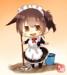 Rule 34 | 1girl, alternate costume, apron, artist name, bad id, bad twitter id, black dress, brown eyes, brown hair, bucket, chibi, commentary request, dress, enmaided, frilled apron, frilled dress, frills, full body, gradient background, highres, kaga (kancolle), kantai collection, looking at viewer, maid, maid apron, maid headdress, mop, orange background, short hair, side ponytail, smile, solo, taisa (kari), white apron, wooden floor