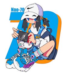 Rule 34 | 1girl, artist name, backpack, badge, bag, baseball cap, black hair, blue eyes, blue footwear, blue overalls, blue shorts, blush stickers, button badge, closed mouth, dot mouth, full body, handheld game console, hat, highres, holding, holding handheld game console, knees up, long sleeves, looking at viewer, making-of available, nao97122, nike (company), nintendo, nintendo switch, original, overall shorts, overalls, ponytail, ribbed socks, shoes, short ponytail, shorts, sidelocks, sitting, sneakers, solo, sweater, white background, white headwear, white sweater