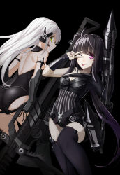 Rule 34 | 2girls, ;p, architect (girls&#039; frontline), asymmetrical clothes, bare back, black hair, gager (girls&#039; frontline), girls&#039; frontline, gun, highres, long hair, looking at viewer, mag (mag42), multiple girls, one eye closed, pale skin, purple eyes, sangvis ferri, silver hair, textless version, thighhighs, tongue, tongue out, v, v over eye, weapon, yellow eyes