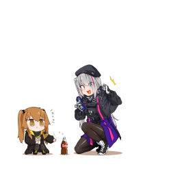 Rule 34 | 2girls, :d, absurdres, beret, blue eyes, bottle, brown eyes, brown hair, cellphone, chibi, clenched hand, cola, commentary request, flip phone, girls&#039; frontline, gloves, hat, heterochromia, highres, mdr (girls&#039; frontline), mentos, multicolored hair, multiple girls, myon2, on one knee, open mouth, pantyhose, phone, pink eyes, pink hair, shoes, side ponytail, simple background, sitting, smile, sneakers, soda bottle, streaked hair, tactical clothes, translated, ump9 (girls&#039; frontline), white background, white footwear, white gloves, white hair