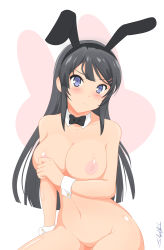 Rule 34 | 1girl, absurdres, animal ears, animal print, areola slip, artist request, bare shoulders, black hair, blue eyes, blush, bow, bowtie, breasts, closed mouth, collar, collarbone, completely nude, covering privates, covering breasts, hair ornament, hairclip, hand on own chest, highres, large breasts, long hair, looking at viewer, navel, nipples, no pussy, nude, rabbit ears, rabbit hair ornament, rabbit print, sakurajima mai, seishun buta yarou, shiny skin, signature, simple background, solo, thighs, white background, white collar, wrist cuffs