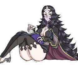 Rule 34 | 1girl, ass, black hair, breasts, bridal gauntlets, cape, circlet, facial tattoo, fire emblem, fire emblem fates, full body, highres, holding, kongari tofu, large breasts, long hair, looking at viewer, nintendo, nyx (fire emblem), red eyes, tattoo, thighhighs, turtleneck, veil, very long hair