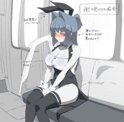 Rule 34 | 1girl, animal ears, bare shoulders, black thighhighs, blush, bow, bowtie, breasts, buttons, character profile, cleavage, closed mouth, commentary request, detached collar, embarrassed, closed eyes, fake animal ears, fang, hair between eyes, hair intakes, hands on lap, highres, jacket, large breasts, leotard, long hair, miton-chan (miton (turuyasann)), miton (turuyasann), original, playboy bunny, rabbit ears, sitting, solo, sweatdrop, thighhighs, thighs, train interior, translated, window, wrist cuffs