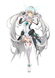 Rule 34 | 1girl, boots, code: battle seraph (elsword), d.c (kdh4016), elsword, eve (elsword), expressionless, full body, gem, gloves, holding, holding own hair, leotard, long hair, looking at viewer, solo, thigh boots, thigh gap, thighhighs, twintails, white background, white footwear, white hair, white thighhighs, yellow eyes
