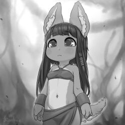 Rule 34 | 1girl, animal ears, blush stickers, breasts, closed mouth, furry, furry female, greyscale, kionant, long hair, made in abyss, monochrome, navel, o-ring, o-ring top, original, pelvic curtain, signature, small breasts, solo, standing, tail