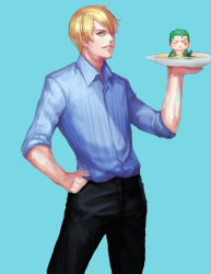 Rule 34 | 2boys, blonde hair, blue background, blue eyes, closed eyes, cowboy shot, crossed arms, earrings, food, green hair, hair over one eye, hand in pocket, in food, jewelry, katana, male focus, mini person, miniboy, multiple boys, one-eyed, one piece, ping (caoyanping198793), roronoa zoro, sanji (one piece), scar, scar across eye, scar on face, sheath, sheathed, shirt, short hair, shueisha, simple background, sleeves rolled up, soup, striped clothes, striped shirt, sword, weapon