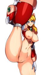 Rule 34 | 1girl, absurdres, alia (mega man), android, armor, blue eyes, blush, bodysuit, breasts, breasts out, capcom, censored, cleft of venus, embarrassed, gloves, hand on own hip, highres, kotatuman dash, large breasts, leg up, looking at viewer, mega man (series), mega man x (series), nipples, pink armor, pussy, robot, robot ears, robot girl, solo, standing, standing on one leg, white background, white gloves