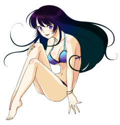 Rule 34 | 1girl, barefoot, bikini, black hair, long hair, namamochi (namu), namu, original, purple eyes, simple background, solo, swimsuit, white background