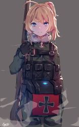 Rule 34 | 1girl, absurdres, ahoge, black gloves, blonde hair, blue eyes, brown background, closed mouth, commentary, cross, fur-trimmed jacket, fur trim, gar32, gloves, glowing, green jacket, green pants, gun, highres, iron cross, jacket, long sleeves, looking at viewer, one side up, pants, rifle, short hair, signature, simple background, solo, tanya degurechaff, weapon, weapon request, youjo senki