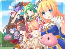 Rule 34 | 3girls, 4boys, :3, alchemist (ragnarok online), angeling, animal, animal around neck, animal ear headphones, animal ear headwear, animal ears, arch bishop (ragnarok online), armor, beret, bikini, black-framed eyewear, black coat, blonde hair, blue bow, blue dress, blue eyes, blue gemstone, blue hair, blue sky, blush, boobplate, bow, breastplate, breasts, brown cape, brown eyes, brown gloves, brown hair, brown headwear, brown horns, brown pants, brown skirt, cape, cat ear headphones, cleavage, cleavage cutout, closed mouth, clothing cutout, cloud, coat, commentary request, cross, day, detached sleeves, dress, fake animal ears, fake horns, fox, fur collar, gauntlets, gem, glasses, gloves, green eyes, green hair, gypsy (ragnarok online), hair between eyes, hair bow, hat, hat bow, hat ornament, headphones, highres, horns, jumping, large breasts, long hair, long sleeves, looking afar, looking at viewer, lunatic (ragnarok online), medium breasts, multiple boys, multiple girls, one eye closed, open mouth, outdoors, paladin (ragnarok online), pants, pauldrons, pillbox hat, pink eyes, poring, professor (ragnarok online), purple hair, rabbit ears, ragnarok masters, ragnarok online, red bow, red eyes, red headwear, red shirt, red sleeves, sequins, shadow chaser (ragnarok online), shirt, short hair, shoulder armor, skirt, sky, sleeveless, sleeveless shirt, slime (creature), smile, star (symbol), star hat ornament, striped, striped bow, swimsuit, tomo-graphy, tree, two-tone dress, upper body, warlock (ragnarok online), white bow, white dress, white headwear, white sleeves, yellow bikini, yellow eyes