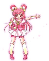 Rule 34 | 00s, 1girl, bike shorts, brooch, bug, butterfly, cure dream, dress, female focus, full body, gloves, gradient background, hair ribbon, hair rings, happy, insect, jewelry, kaimu natsuki, kneehighs, long hair, magical girl, pink eyes, pink hair, precure, ribbon, shoes, socks, solo, white background, white socks, yes! precure 5, yumehara nozomi