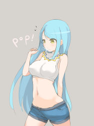 Rule 34 | 1girl, ^^^, absurdres, arm behind back, bad id, bad pixiv id, bare arms, bare shoulders, blue hair, breasts, blowing bubbles, chewing gum, covered erect nipples, crop top, denim, denim shorts, girls&#039; frontline, grey background, hand up, highres, impossible clothes, impossible shirt, long hair, m249 saw (girls&#039; frontline), medium breasts, midriff, miramu (ramu450471), navel, shirt, short shorts, shorts, simple background, solo, sound effects, swept bangs, white shirt, yellow eyes