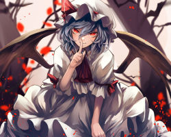 Rule 34 | 1girl, ascot, bat wings, blue hair, blurry, depth of field, eredhen, finger to mouth, gradient background, hat, hat ribbon, looking at viewer, mob cap, red eyes, remilia scarlet, ribbon, short hair, shushing, skirt, skirt set, slit pupils, smile, solo, touhou, wings