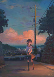 Rule 34 | 1girl, bag, black bag, black footwear, black hair, black skirt, black socks, blue sky, closed mouth, cloud, commentary request, dusk, feel (nasitaki), full body, guard rail, highres, hill, holding, holding bag, house, kneehighs, loafers, long hair, long sleeves, looking away, looking to the side, low twintails, manhole, neckerchief, ocean, original, outdoors, pleated skirt, power lines, red clouds, red eyes, road, scenery, school bag, school uniform, serafuku, shoes, signature, skirt, sky, socks, solo, star (sky), starry sky, street, town, tree, twintails, utility pole, v arms, walking, white neckerchief, wide shot