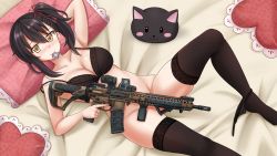 Rule 34 | 1girl, ar-15, arm behind head, arm up, assault rifle, bare arms, bare shoulders, bed sheet, black bra, black hair, black panties, black thighhighs, blush, bottomless, bow, bow panties, bra, breasts, brown eyes, cleavage, closed mouth, collarbone, commentary, commission, condom, condom in mouth, condom wrapper, convenient censoring, english commentary, fang, fang out, gluteal fold, groin, gun, hair between eyes, heart, heart-shaped pillow, highres, holding, holding gun, holding weapon, kazenokaze, kishuku gakkou no juliet, knee up, komai hasuki, looking at viewer, lying, m4 carbine, m4 sopmod ii, medium breasts, mouth hold, no shoes, nose blush, on back, panties, panties around leg, pillow, rifle, scope, side ponytail, solo, thighhighs, trigger discipline, underwear, weapon