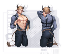 Rule 34 | 1boy, abs, animal ears, arknights, ass, bara, beard, brown eyes, brown hair, come hither, cow boy, cow ears, cow horns, cow tail, cowboy shot, denim, eurill pides (arknights), facial hair, highres, horns, jeans, male focus, manly, mosi l, multiple views, muscular, navel, nipples, open clothes, pants, pectorals, short hair, tail, thick thighs, thighs