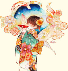 Rule 34 | 1girl, animal, animal on head, animal print, aqua kimono, artist name, bad id, bad pixiv id, bird, bird hair ornament, bird on head, brown hair, butterfly print, butterfly wings, cherry blossoms, closed eyes, cup, drinking, feet out of frame, floral print, flower, furisode, gradient kimono, hair flower, hair ornament, hair tassel, highres, holding, holding cup, insect wings, japanese clothes, kanzashi, karin (salmonosushi), kimono, long sleeves, making-of available, marker (medium), multicolored clothes, multicolored kimono, obi, obijime, on head, orange flower, original, pink flower, pink rose, print kimono, red ribbon, ribbon, rose, sakazuki, sash, short hair, signature, solo, standing, tassel, tassel hair ornament, traditional media, white background, white flower, wide sleeves, wings, yellow flower, yellow ribbon, yellow sash