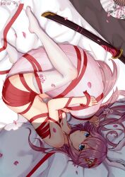 Rule 34 | 1girl, absurdres, animal ears, artist name, bed, benghuai xueyuan, between legs, blue eyes, breasts, cherry blossoms, closed mouth, cum, cum on body, fox ears, fox girl, fox tail, full body, hair ornament, hand fan, highres, honkai (series), katana, long hair, looking at viewer, lying, medium breasts, nude, on back, on side, petals, pillow, pink hair, sheath, sheathed, smile, solo, string, string of fate, sword, tail, tail between legs, thighhighs, weapon, white thighhighs, yae sakura, yeming