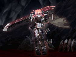 Rule 34 | 1girl, bad id, bad pixiv id, belt, blood, boots, cape, colored skin, demon girl, fang, flat chest, gloves, grey skin, highres, horns, huge weapon, open mouth, panties, pink hair, pixiv fantasia, pointy ears, red eyes, short hair, solo, sword, thighhighs, underwear, weapon, yuuki eishi