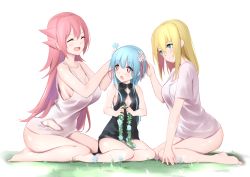 Rule 34 | 3girls, :d, :o, ^ ^, bare legs, barefoot, black dress, blonde hair, blue flower, blue hair, blush, bottomless, breasts, cleavage, closed eyes, closed mouth, commentary request, dress, flower, geo louise, grass, green eyes, guinai (king exit), hair flower, hair ornament, highres, holding, jilu, king exit, large breasts, long hair, multiple girls, on grass, open mouth, pink hair, red eyes, seiza, sitting, sleeveless, sleeveless dress, small breasts, smile, spiara (king exit), torn clothes, torn dress, very long hair, white background, white dress, white flower