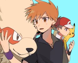Rule 34 | 2boys, arcanine, baseball cap, black shirt, blue oak, brown eyes, brown hair, closed mouth, collared shirt, commentary, creatures (company), fingernails, game freak, gen 1 pokemon, hand up, hat, highres, jewelry, male focus, momotose (hzuu xh4), multiple boys, necklace, nintendo, orange hair, pikachu, pokemon, pokemon (creature), pokemon frlg, red (pokemon), red headwear, shirt, short hair, short sleeves, spiked hair, symbol-only commentary, wristband
