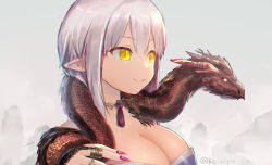 Rule 34 | 1girl, braid, breasts, chromatic aberration, cleavage, closed mouth, dragon, fingernails, jewelry, kz ripo, large breasts, long fingernails, medium hair, nail polish, original, pointy ears, purple nails, ring, sharp fingernails, silver hair, slit pupils, smile, straight hair, twin braids, upper body, yellow eyes