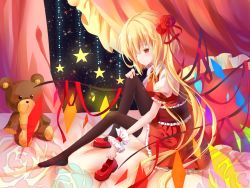 Rule 34 | 1girl, bad id, bad pixiv id, blonde hair, flandre scarlet, flower, hair ribbon, highres, mary janes, red eyes, ribbon, shoes, side ponytail, single shoe, solo, star (symbol), stuffed animal, stuffed toy, teddy bear, thighhighs, touhou, transistor, wings, wrist cuffs