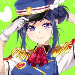 Rule 34 | 1girl, alternate hairstyle, animal print, artist name, artist request, blue dress, blue hair, blue hat, blush, collared shirt, conductor, dress, earrings, epaulettes, feathers, female focus, frog print, gloves, green background, hair between eyes, hair bun, hanaberin, hanachi (hanaberin), happy party train, hat, hat feather, highres, holding, holding clothes, holding hat, jewelry, long hair, looking at viewer, love live!, love live! school idol festival, love live! sunshine!!, matsuura kanan, neckerchief, parted lips, purple eyes, purple hair, red neckerchief, shirt, short hair, short sleeves, sidelocks, single hair bun, smile, solo, two side up, upper body, whistle, white feathers, white gloves