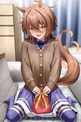 Rule 34 | 1girl, agnes tachyon (umamusume), animal ears, blush, brown cardigan, cardigan, chemical structure, commentary request, curtains, earrings, hair between eyes, highres, horse ears, horse girl, horse tail, indoors, jewelry, long sleeves, looking at viewer, messy hair, motsushi, on ground, open mouth, petticoat, pleated skirt, purple shirt, purple skirt, purple thighhighs, red eyes, school uniform, shirt, short hair, signature, single earring, sitting, skirt, smile, solo, tail, thighhighs, tracen school uniform, umamusume, wariza
