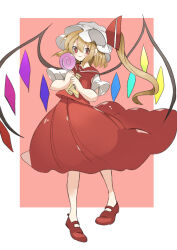 Rule 34 | 1girl, absurdres, adapted costume, aporro622, blonde hair, border, candy, closed mouth, flandre scarlet, food, full body, hair between eyes, hat, highres, holding, holding candy, holding food, holding lollipop, lollipop, long skirt, looking at viewer, medium hair, mob cap, multicolored wings, no socks, pink background, red eyes, red footwear, red shirt, red skirt, shirt, short sleeves, skirt, solo, swirl lollipop, touhou, white border, white hat, wings