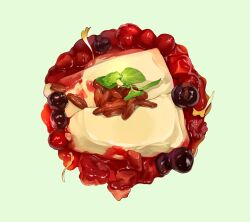 Rule 34 | almond tofu, berry, danryoku (ucrh3525), dessert, food, food focus, fruit, goji berry, green background, highres, leaf, no humans, original, realistic, sauce, simple background