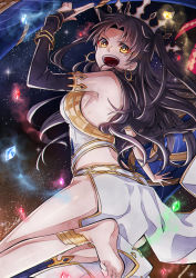 Rule 34 | &gt;:d, 1girl, :d, anklet, arm up, armlet, artist name, bare arms, bare legs, bare shoulders, barefoot, black gloves, black ribbon, blue gemstone, breasts, bridal gauntlets, crown, crystal, earrings, elbow gloves, fate/grand order, fate (series), feet, foreshortening, gem, gloves, hair ribbon, highres, ishtar (fate), jewelry, leg up, legs, long hair, looking at viewer, looking back, medium breasts, naughty face, open mouth, orange eyes, outstretched arm, pelvic curtain, red gemstone, revealing clothes, ribbon, rindo, round teeth, shield, signature, single elbow glove, single glove, smile, solo, space, standing, standing on one leg, strapless, teeth, toes, tohsaka rin, two side up, type-moon, v-shaped eyebrows