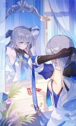 Rule 34 | 1girl, absurdres, armpits, arms up, autumnlll, black gloves, breasts, bronya rand, commentary, curtains, dress, earrings, flower, gloves, grey eyes, grey hair, highres, honkai: star rail, honkai (series), indoors, jewelry, long hair, looking to the side, medium breasts, mirror, purple flower, reflection, solo, table, tying hair, upper body, vanity table, very long hair, white dress