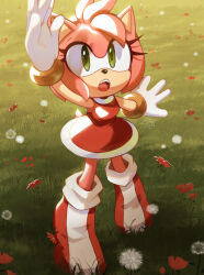 Rule 34 | 1girl, ame (beeames), amy rose, animal ears, animal nose, arms up, artist name, bare shoulders, boots, bracelet, breasts, commentary, dress, eyelashes, fang, fangs, flower, furry, furry female, gloves, gold bracelet, grass, green eyes, hairband, hedgehog ears, hedgehog girl, hedgehog tail, highres, jewelry, leaf, looking up, medium breasts, open mouth, outdoors, pink fur, red dress, red flower, red footwear, red hairband, sleeveless, sleeveless dress, solo, sonic (series), standing, symbol-only commentary, tail, teeth, tongue, white gloves