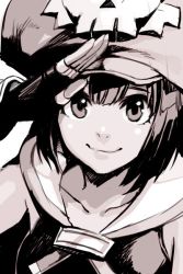 Rule 34 | 1girl, arc system works, closed mouth, fingerless gloves, gloves, greyscale, guilty gear, guilty gear xrd, hand up, hat, hungry clicker, looking at viewer, may (guilty gear), monochrome, sailor collar, salute, sleeveless, smile, solo, upper body