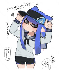 Rule 34 | 1girl, 1other, black hat, black shorts, blue hair, blue trim, blush, closed mouth, commentary request, coula cat, cropped legs, dated, dolphin shorts, grey eyes, hat, inkling, inkling girl, inkling player character, kemonomimi mode, light frown, long hair, nintendo, pointy ears, print headwear, sailor collar, sailor shirt, shirt, shorts, simple background, splatoon (series), squiggle, standing, tentacle hair, translation request, visor cap, white background