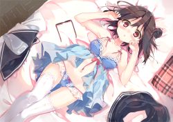 Rule 34 | 1girl, babydoll, bare arms, bed sheet, black hair, black skirt, blue panties, blush, bow, bow panties, breasts, collarbone, commentary request, dutch angle, frilled panties, frills, glasses, gluteal fold, hair between eyes, hair bun, hands up, highres, hisaka hazara, looking at viewer, lying, nabel, nail polish, on back, original, panties, parted lips, pink bow, pink ribbon, pleated skirt, red eyes, ribbon, short hair, single hair bun, skirt, unworn skirt, small breasts, solo, stomach, thigh gap, thighhighs, underwear, white thighhighs