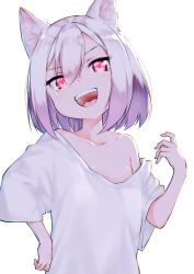 Rule 34 | 1girl, :d, animal ear fluff, animal ears, bare shoulders, collarbone, commentary request, fangs, fox ears, glowing, glowing eyes, hair between eyes, hand up, head tilt, highres, off shoulder, open mouth, original, oversized clothes, oversized shirt, red eyes, shirt, short sleeves, silver hair, simple background, smile, solo, suzunari arare, upper body, white background, white shirt, wide sleeves, yuki arare