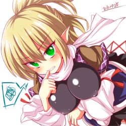 Rule 34 | 1girl, arm warmers, bad id, bad pixiv id, biting, blonde hair, blush, breasts, clenched teeth, covered erect nipples, female focus, green eyes, kisaragi zwei, large breasts, mizuhashi parsee, nail biting, pointy ears, ponytail, sash, scarf, shirt, short sleeves, skirt, solo, spoken squiggle, squiggle, teeth, biting own thumb, touhou, tsurime