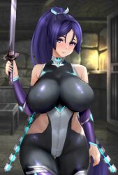 Rule 34 | aqua nails, bare shoulders, black bodysuit, bodysuit, breasts, clothing cutout, cosplay, cropped legs, curvy, detached sleeves, expressionless, fate/grand order, fate (series), high ponytail, highleg, highleg leotard, highres, hime cut, holding, holding sword, holding weapon, impossible bodysuit, impossible clothes, indoors, katana, large breasts, leotard, long hair, minamoto no raikou (fate), parted bangs, ponytail, purple hair, raskasar, skin tight, standing, sword, taimanin (series), taimanin rpgx, taimanin suit, uehara rin, uehara rin (cosplay), very long hair, weapon, wide hips
