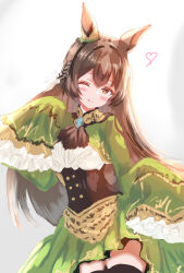 Rule 34 | 1girl, absurdres, animal ears, ascot, black ascot, black thighhighs, blush, braid, breasts, brown hair, buttons, chickenbstrip, closed mouth, commentary request, cowboy shot, double-breasted, dress, ear ornament, french braid, frilled dress, frills, green dress, hair between eyes, highres, horse ears, horse girl, long hair, medium breasts, multicolored hair, one eye closed, satono diamond (umamusume), simple background, sleeves past fingers, sleeves past wrists, smile, solo, streaked hair, thighhighs, tongue, tongue out, umamusume, very long hair, very long sleeves, white background, white hair, yellow eyes